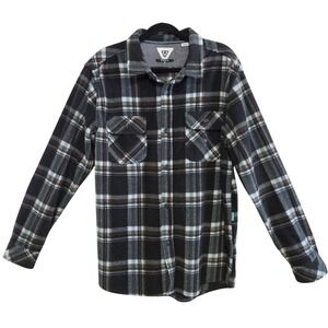 Vissla Mens Plaid Polar Fleece Gorpcore Outdoor Button Down Shirt Black Blue XL
